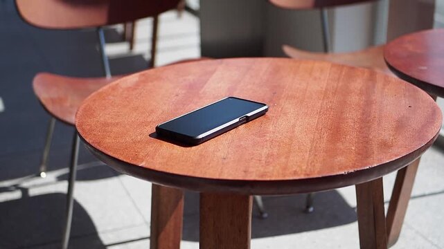 A phone rests on a wooden table in a sunny cafe during the day. lost smart phone concept,