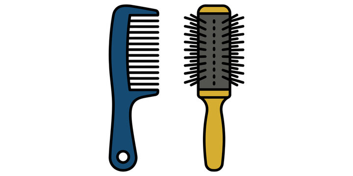 Hair comb and round brush set with blue and yellow colors for salon professional tools.