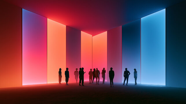 Diverse people gathered inside a futuristic architectural gallery with dramatic red blue and pink lighting, exploring a modern immersive space with silhouettes and creative atmosphere