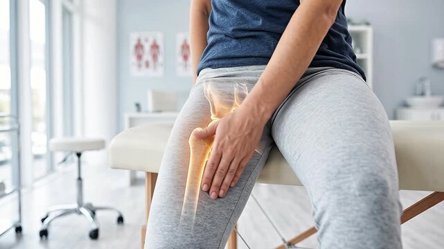 Woman sitting on a clinic table touching her painful hip with a glowing 3D anatomical visualization of the femur and joint overlay.