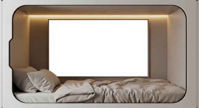Modern minimalist capsule bed with a blank white screen and warm lighting, offering a compact and futuristic sleeping space.