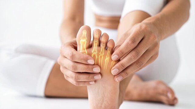Close up of a person holding a painful foot with a digital medical overlay showing toe bone structure and joint inflammation