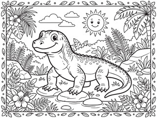 Obraz premium Kid-Friendly Coloring Page of a Cute Komodo Dragon Lizard in a Tropical Jungle, Lineart Outline Illustration for Children's Educational Activity with Sun and Palm Trees.