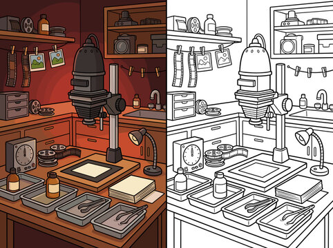 Analog photography darkroom workspace vector illustration featuring equipment like enlarger trays chemical bottles and film processing gear for creative projects