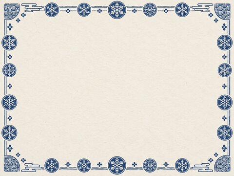 Japanese traditional Yukiwa snow ring crest frame border with copy space in cream washi, washi paper texture
