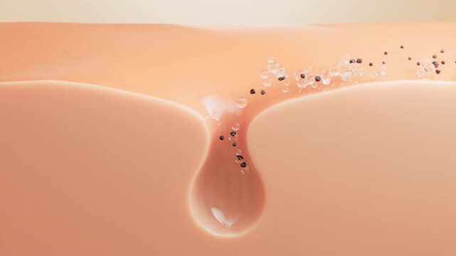 The camera pulls back to a cross section of a clogged pore as clear bubbles sweep across the peach-toned skin, carry away dark debris and reveal an empty follicle.