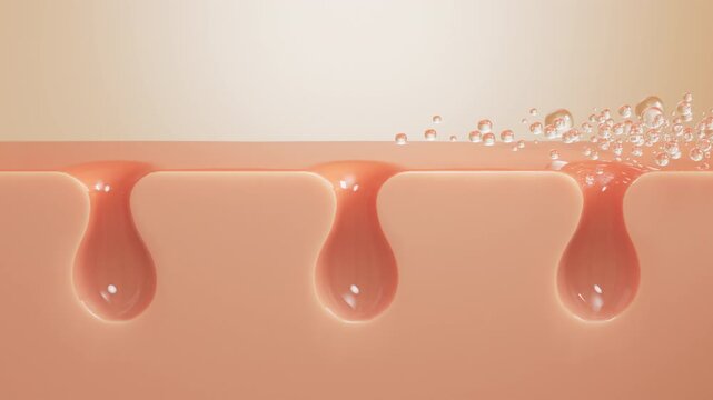 The camera pulls back from a yellow sebum plug to reveal three clogged pores before clear bubbles sweep over the skin cross section and leave the follicles empty.