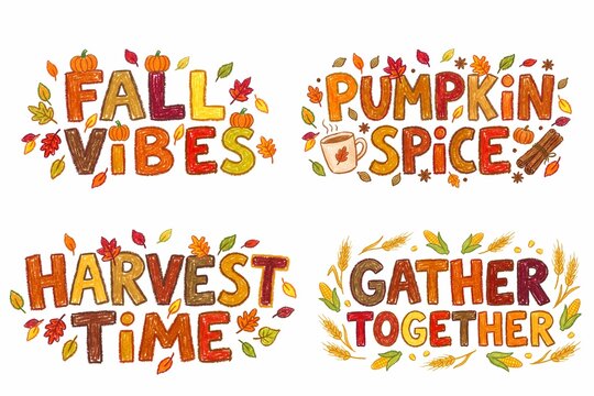 Set of hand drawn autumn fall harvest quotes typography lettering clipart bundle in oil pastel crayon style isolated on white