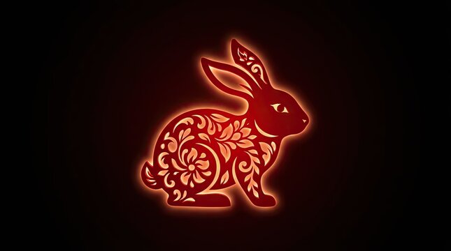 Glowing red rabbit with floral patterns on black background