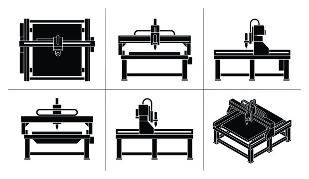 Industrial cnc machine icons black set for digital manufacturing tool.