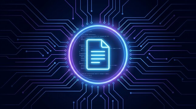 Glowing digital document icon centered on a complex circuit board background representing secure electronic file storage and corporate data management technology systems concepts