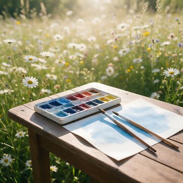 Watercolor painting workspace on a rustic wooden table surrounded by daisies and wildflowers in a sunlit garden meadow
