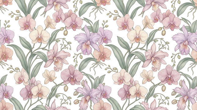 Orchid blossoms with leafy stems in a repeating pattern during soft daylight