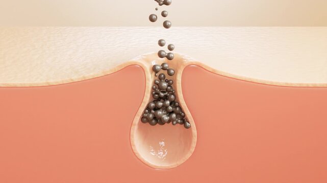 A blue cleansing droplet penetrates a debris-filled skin pore, surrounds the dark buildup and expels it through the opening, leaving the follicle empty in a static cross-section view.