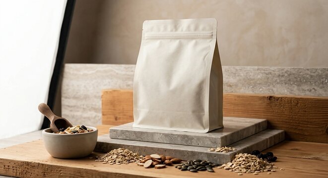 Blank white paper pouch package mockup with organic granola ingredients