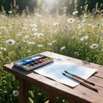 Watercolor painting workspace on a rustic wooden table surrounded by daisies and wildflowers in a sunlit garden meadow