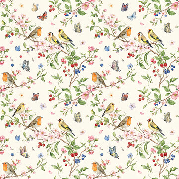Garden Birds Blossoms and Berries Seamless Pattern