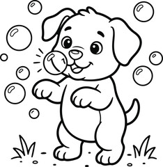 Fototapeta premium Cute puppy catching a soap bubble, line art coloring page for kids
