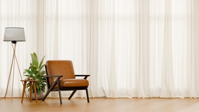 Modern minimalist living room interior design with brown leather armchair, wooden floor lamp, and copy space for product display- 3D rendering
