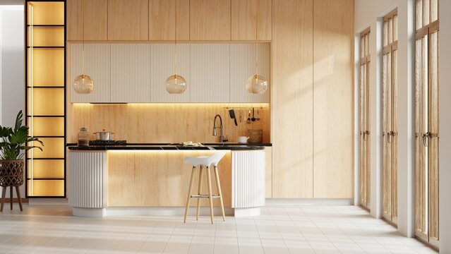 Luxury modern kitchen interior design with wooden cabinets, island counter, bar stool, and warm lighting for home architecture- 3D rendering
