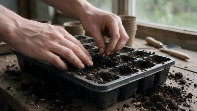 Hands planting seeds in a garden seed tray with fresh soil, surrounded by terracotta pots, representing home gardening and plant cultivation