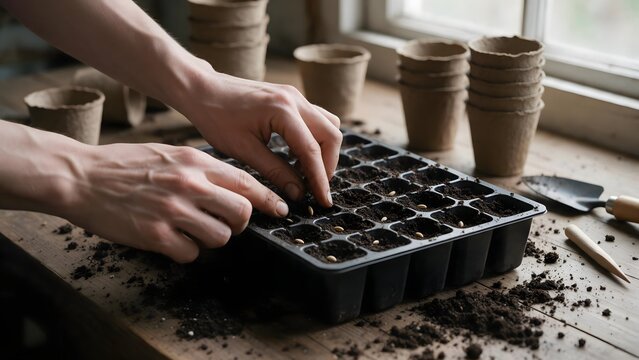 Hands planting seeds in a garden seed tray with fresh soil, surrounded by terracotta pots, representing home gardening and plant cultivation