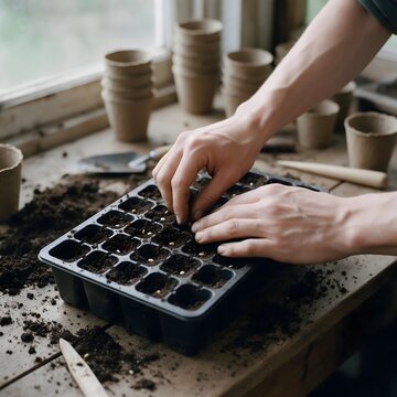 Hands planting seeds in a garden seed tray with fresh soil, surrounded by terracotta pots, representing home gardening and plant cultivation