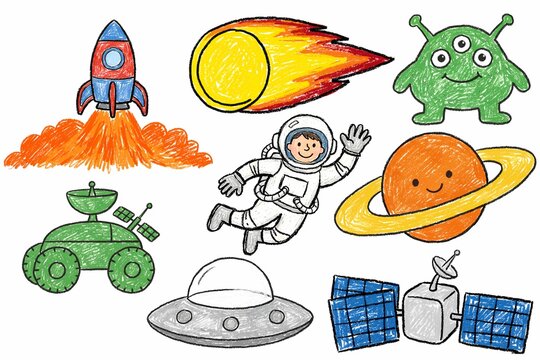 Set of cute outer space galaxy elements and astronaut clipart bundle in crayon illustration style isolated on white