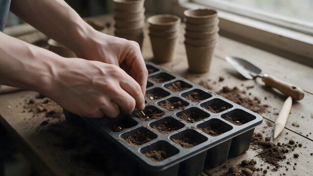Hands planting seeds in a garden seed tray with fresh soil, surrounded by terracotta pots, representing home gardening and plant cultivation