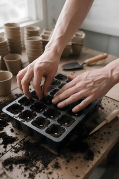Hands planting seeds in a garden seed tray with fresh soil, surrounded by terracotta pots, representing home gardening and plant cultivation