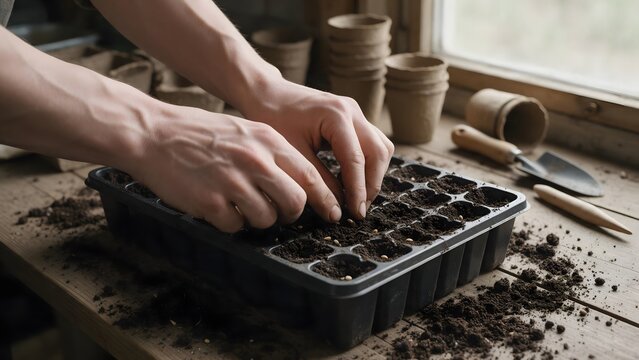 Hands planting seeds in a garden seed tray with fresh soil, surrounded by terracotta pots, representing home gardening and plant cultivation