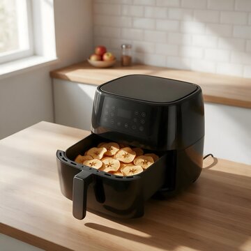 Modern air fryer cooking sliced potatoes in a stylish kitchen, showcasing convenient food preparation and a contemporary countertop appliance