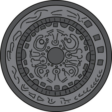 Hand-drawn style black and white vector illustration of an ancient Japanese bronze mirror artifact from the Yayoi and Kofun period in EPS format