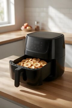 Modern air fryer cooking sliced potatoes in a stylish kitchen, showcasing convenient food preparation and a contemporary countertop appliance