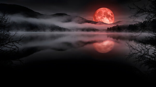 Dramatic blood moon over a misty, dark lake, eerie nocturnal landscape with red moon reflection, mysterious foggy night scene, atmospheric horror or fantasy backdrop.