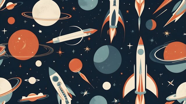 Seamless retro space pattern with rockets, planets, stars, and flying saucers on a dark blue background. Vintage cartoon cosmic design.