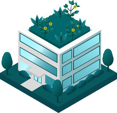 Go Green and Sustainable Living Concept. Sustainability and Green Technology for a Better Future. Sustainable Office Building with Rooftop Green Garden