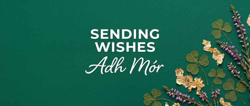 Saint Patricks Day Greeting Background with Irish phrase Adh Mor, green clover leaves, purple heather, and gold foil accents for festive holiday celebration banner and luck concept design.