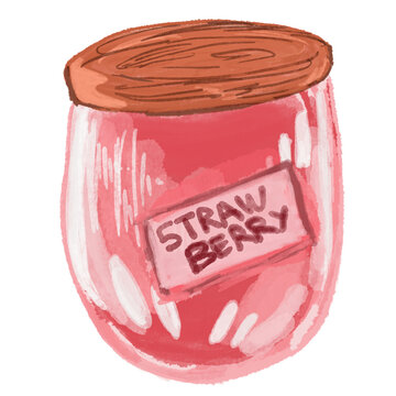 illustration of a glass jar filled with rich red strawberry jam 