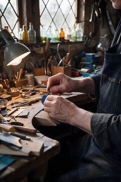 Artisan crafting a handmade leather item at a traditional workbench with hand tools, warm lamp light, and materials in a workshop