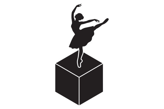 Ballerina dancing in elegant pose on top of simple geometric cube for performance art dance education and creative stage event promotional visuals.
