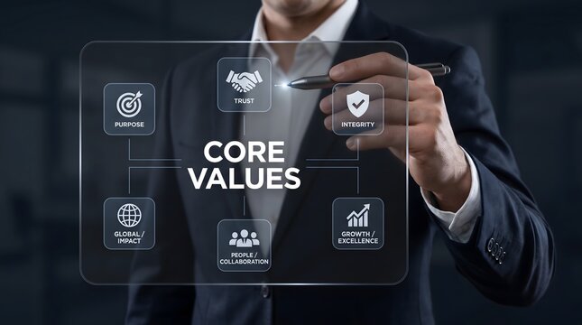 Corporate core values presentation. Businessman using stylus on virtual glass screen to select business principles. Icons for trust purpose integrity global impact collaboration and growth