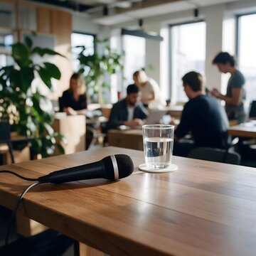 Professional meeting room with a microphone and glass of water on a conference table, surrounded by people working in a modern office