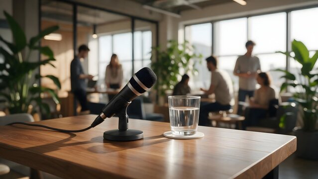 Professional meeting room with a microphone and glass of water on a conference table, surrounded by people working in a modern office