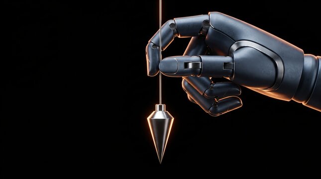 Vertical macro shot of dark humanoid robotic hand holding suspended metallic plumb bob wire on black background with rim lighting representing compliance baseline ethical integrity and data concept