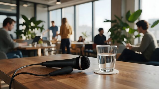 Professional meeting room with a microphone and glass of water on a conference table, surrounded by people working in a modern office