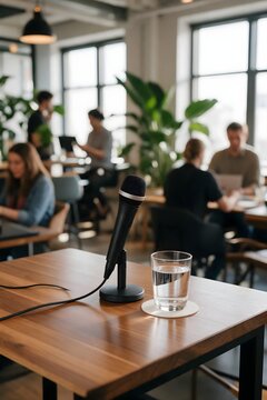 Professional meeting room with a microphone and glass of water on a conference table, surrounded by people working in a modern office