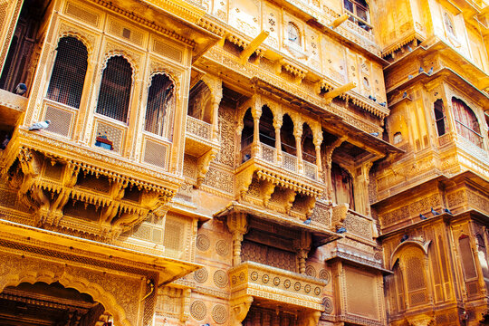 Beautiful golden jharokha at Patwon Ki Haveli in Jaisalmer, Rajasthan, India