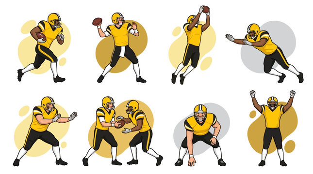 A collection of illustrated American football players in various action poses and uniforms.. vector illustration