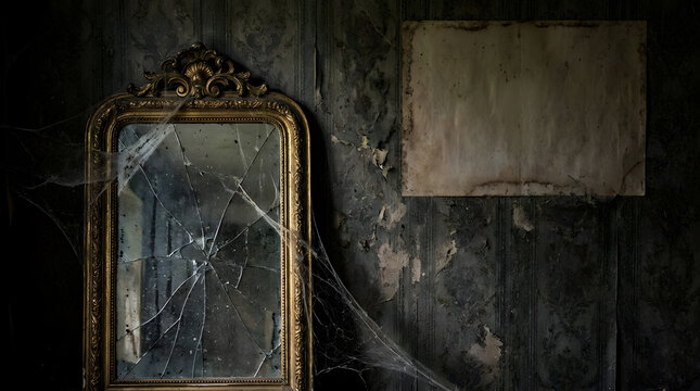 Haunting antique gold mirror with shattered glass and ornate frame, an eerie vintage reflection in a dark, abandoned room, spooky Halloween decor or horror film backdrop.